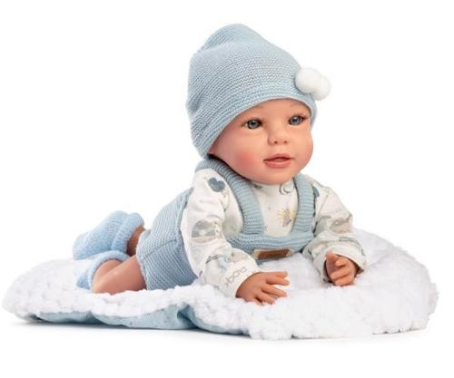 Papusa bebelus Guca Jairo, 38 cm, corp moale textil, cu salopeta si paturica