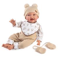 Papusa clasica Guca Oliver, 42 cm, corp textil si membre din vinil, cu salopeta bej si accesorii