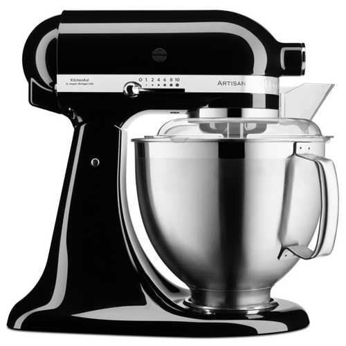Mixer profesional KitchenAid Artisan Elegance 5KSM185PSEOB, 4.8 l/ 3 l, 300 W, Carlig aluat, Batator 6 fire (Negru lucios)