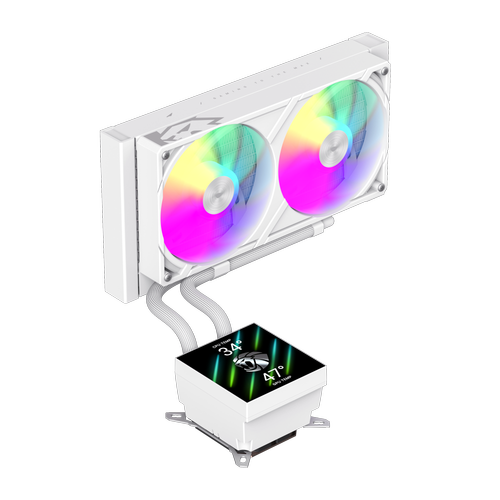 Cooler CPU AIO Gamemax GLACIER 240 WH, Racire cu lichid, Ecran LCD 3.95inch, 240mm, 85.82 cfm, 2,23mm H2O (Alb)