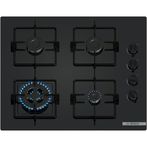 Plita incorporabila Bosch POH6B6K30, Gaz, 4 arzatoare, Arzator Wok, Gratar otel, 60 cm, Sticla – Negru