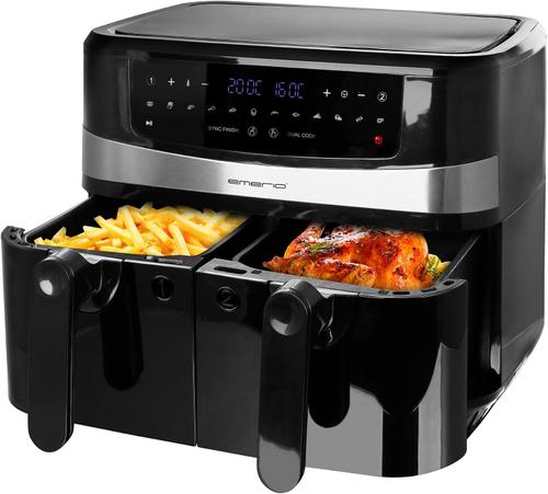 Friteuza cu aer cald Emerio, 9L (4.5L+4.5L), 2400 W, Cool touch, 12 programe (Negru)