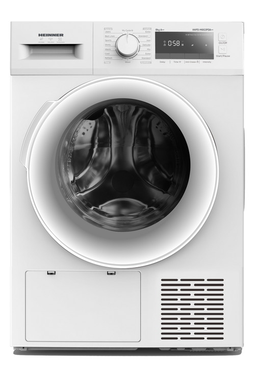 Uscator de rufe cu pompa de caldura Heinner HHPD-M8G3PDA++, 8 kg, Clasa E, 16 programe, Display LED, Funtie Antisifonare, Start Intarziat – Alb