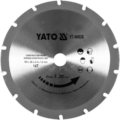 Disc pentru taierea lemnului 185/14T 20Mm, YATO YT-60628