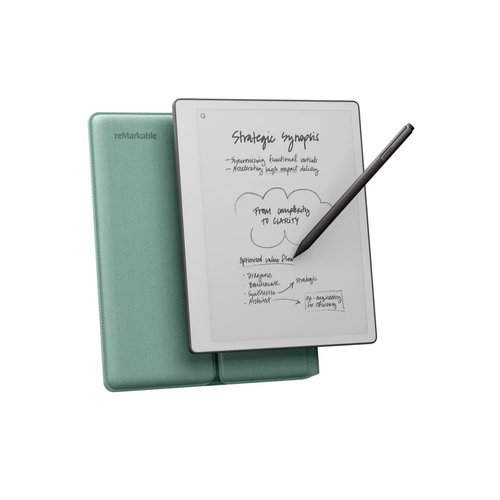 Tableta ePaper reMarkable Paper Pure Bundle, Ecran E Ink Carta 1300 10.3inch, Procesor Dual Core Cortex-A55 1.7GHz, 2GB RAM, 32GB Flash, Wi-Fi, USB-C + Pen Marker Plus + Husa Sleeve Folio Verde (Gri)