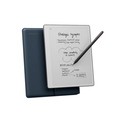 Tableta ePaper reMarkable Paper Pure Bundle, Ecran E Ink Carta 1300 10.3inch, Procesor Dual Core Cortex-A55 1.7GHz, 2GB RAM, 32GB Flash, Wi-Fi, USB-C + Pen Marker Plus + Husa Sleeve Folio Albastru (Gri)