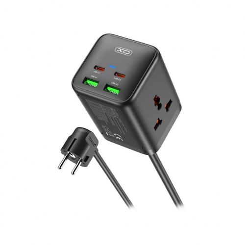Prelungitor XO Design WL24, 2 x Priza - 2 x USB-A - 2 x USB-C (Negru)