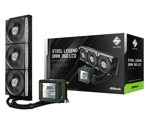 Cooler CPU AIO ASRock Steel Legend Dark 360 LCD, Racire cu lichid, Ecran IPS LCD 3.4inch, ARGB, 3x120mm, 2500 RPM, 76.7 CFM, 4.16mm H2O (Negru) - imagine 1