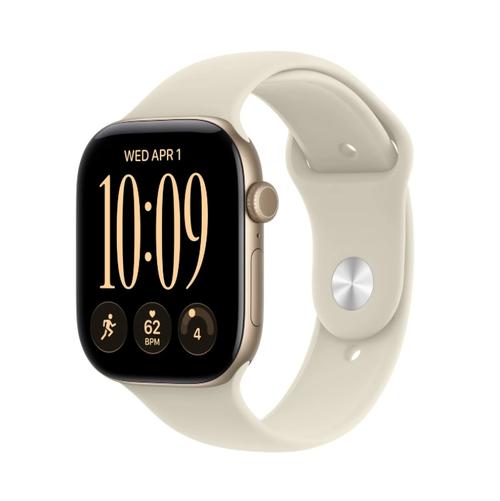 Smartwatch Apple Watch 12, GPS, 46mm, Ecran Retina LTPO OLED, Chip S11 cu Procesor Dual-Core, 64GB Flash, Wi-Fi, Bluetooth, Carcasa Aluminiu, Curea Sport Band S/M (Auriu)