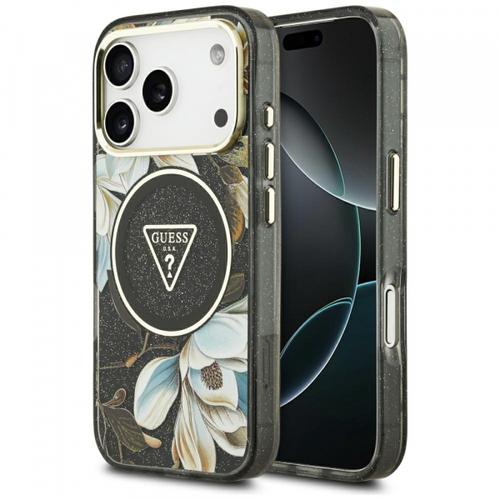 Husa MagSafe pentru Apple iPhone 18 Pro, Guess, IML Metal Glitter Flowers Triangle, Neagra