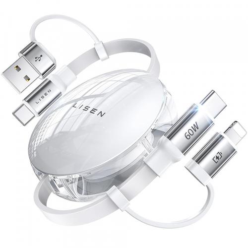 Cablu Date si Incarcare USB-C / USB-A - USB-C / Lightning Lisen, 60W, 1m, Alb