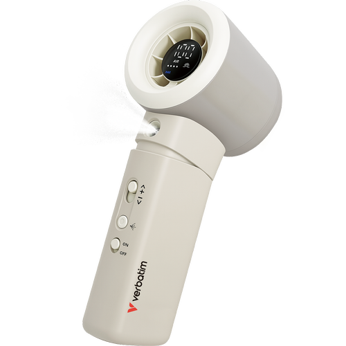 Ventilator portabil Verbatim Cool 'n' Go Aqua Breeze, 3 viteze, 3000 mAh, 16000 rpm, Display LED, Autonomie 7.5 ore (Alb)