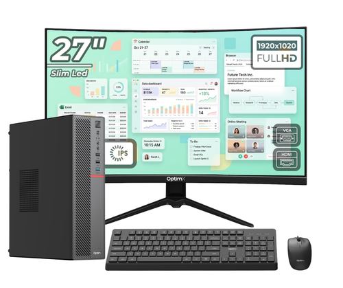 Calculator OptimX T5 SFF, Intel Core i5-8400T, 8GB DDR4, 256GB SSD, Windows 11 Pro, Monitor OptimX 27inch Curbat Full HD IPS LED, Kit Tastatura si Mouse OptimX cu Fir