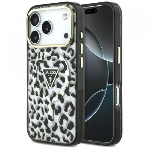 Husa MagSafe pentru Apple iPhone 18 Pro / 17 Pro, Guess, Leopard Glitter Triangle Logo, Neagra