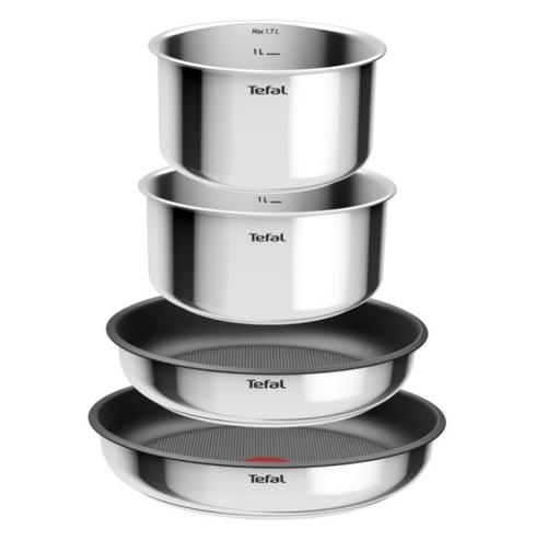 Set de tigaie si cratita Tefal L881S504, 5 piese, otel inoxidabil, acoperire antiaderenta din titan, rezistent la cuptor pana la 250 C, maner detasabil, inductie, otel inoxidabil