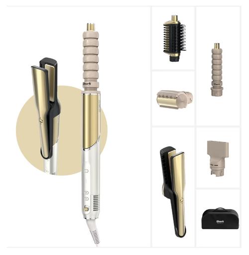 Multistyler 6-in-1 Shark Glam™ Ceramic HD6051SEU, Placa Silki cu aer cald, Ondulator Coanda, Perie Glossi pentru Volum, Uscator de Par, 6 Moduri de Coafare pentru Par Umed/Uscat (Auriu/Alb)