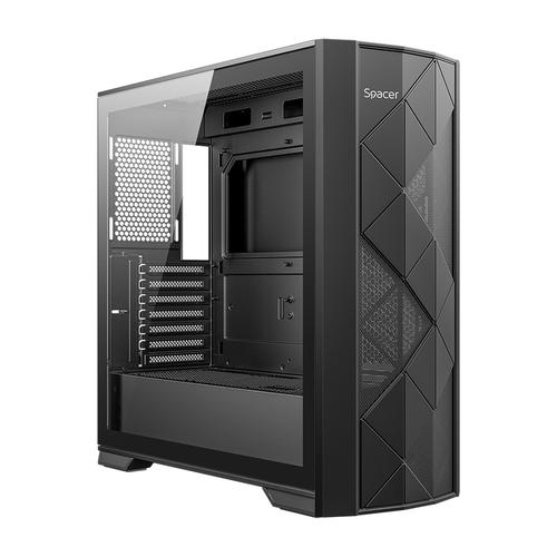 Carcasa SPACER INFINITY, Middle Tower, ATX, fara sursa, sticla securizata, USB 3.0 x 1, USB 2.0 x 1, HD-Audio, Jack 3.5mm x 1, PSU shroud (Negru)