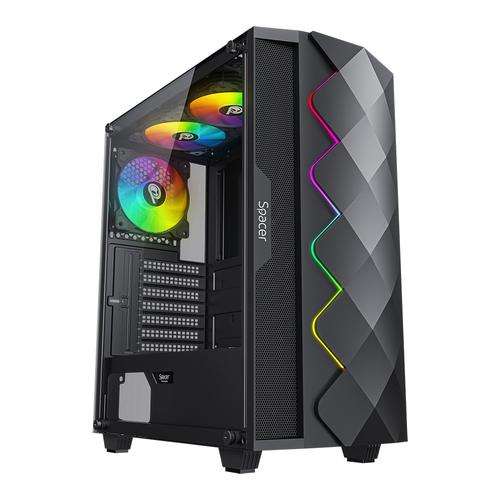 Carcasa SPACER Quartz ARGB 3F, Middle Tower, ATX, fara sursa, sticla securizata, 3 x ARGB fan, banda LED ARGB, USB 2.0 x 1, USB 3.0 x 1, HD-Audio, mesh x 2 (Negru)