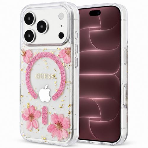 Husa MagSafe pentru Apple iPhone 18 Pro Max / 17 Pro Max, Guess, Resin Flowers and Glitter, Roz