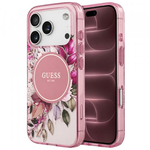 Husa MagSafe pentru Apple iPhone 18 Pro Max / 17 Pro Max, Guess, IML Flower & Tonal Circle, Roz