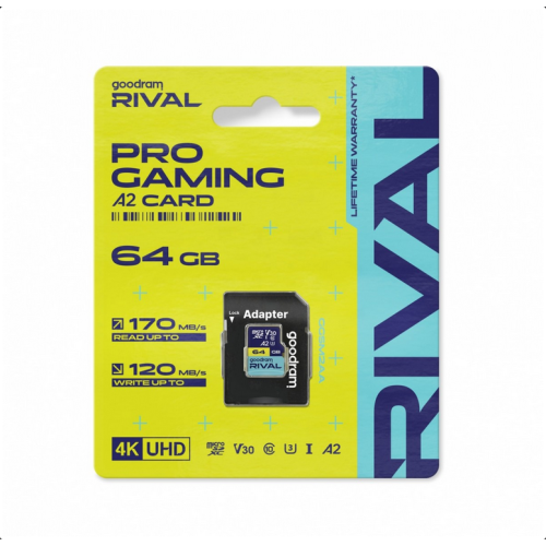 Card de memorie microSDXC Goodram Rival 64GB, Class 10, UHS-I U3, V30, A2 + Adaptor